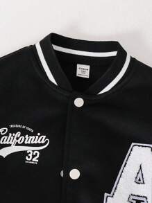 SHEIN 青少年男孩运动彩色块字母印花校队夹克，适合通勤、上学、休闲外出、运动、秋冬 - 黑色 - 查看 3