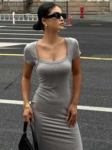 DAZY Vestido de cola de pez de longitud media con cuello cuadrado envuelto de unicolor para mujer - Gris - Ver 3