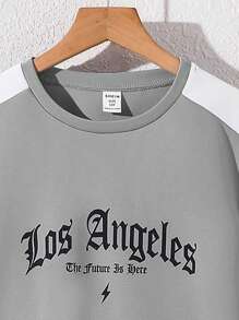 SHEIN Little Byeori 2pcs/Set Tween Boy College Style Contrast Color Round Neck Letter Print Shorts Set,Light Grey,Summer,Streetwear,City Break Daily Casual Wear,Sports - Grey - View 3
