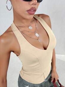 Women's Solid Color Halter Neck Sexy Backless Crop Top - Apricot - View 1