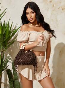 SHEIN SXY Women's Fashion Summer Vacation Woven Crochet Wooden Bead Handheld Tote Bag , Crochet - Coffee Brown - View 6