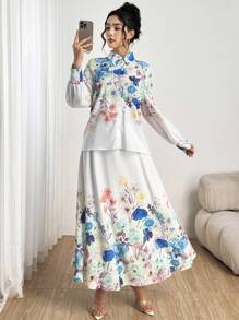 Modelyn 2件套女士花卉印花长袖衬衫和裙子