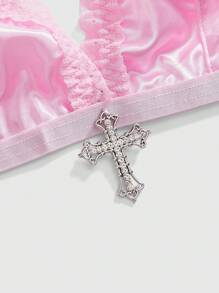 ROMWE J-Fashion Y2K 女士水钻装饰缎面蕾丝拼接无钢圈系带文胸