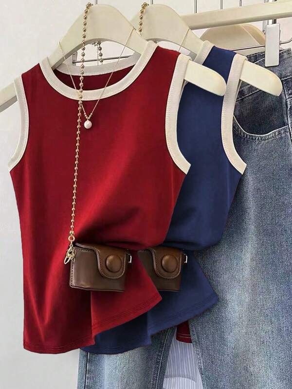 INAWLY 2pcs/Set Women Casual Contrast Color Round Neck Camisole