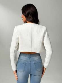 SHEIN Tall 女式粗花呢仿珍珠纽扣门襟短款大衣，优雅通勤白色粗花呢西装短款上衣夹克白色短款夹克白色粗花呢夹克珍珠纽扣夹克白色短款西装外套秋冬 - 白色 - 查看 2