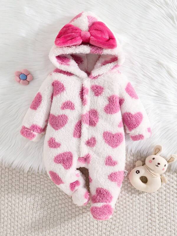 Baby Girl Plush Heart Decor Long Sleeve Footed Jumpsuit Pajama Set, Pink