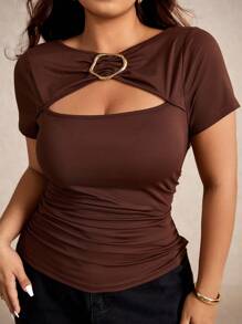 Elaquor Áo thun nữ cỡ lớn, màu cà phê, dễ phối đồ, khóa kim loại đa năng, mùa hè - Cà phê nâu - Xem 2