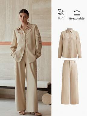 MOTF PREMIUM SOLID GUIPURE LACE INSERT DROP SHOULDER OVERSIZE SHIRT & WIDE LEG PANTS SET