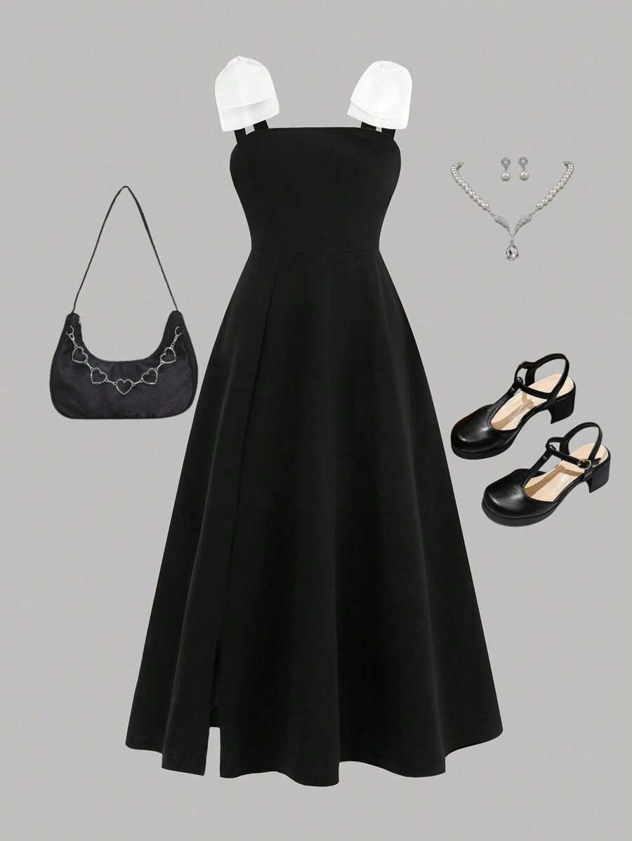 Tween Girls Bow Contrast Color Block Long Dress, Versatile For Commuting, Casual And Daily Wear, Fashion - Black - View 1
