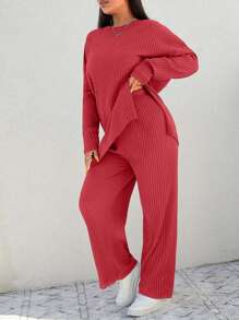 EURMUSE Plus Size Women Solid Color Rib Knit Long Sleeve Top & Pants 2 Pieces Set, Casual Everyday Wear - Watermelon Pink - View 4