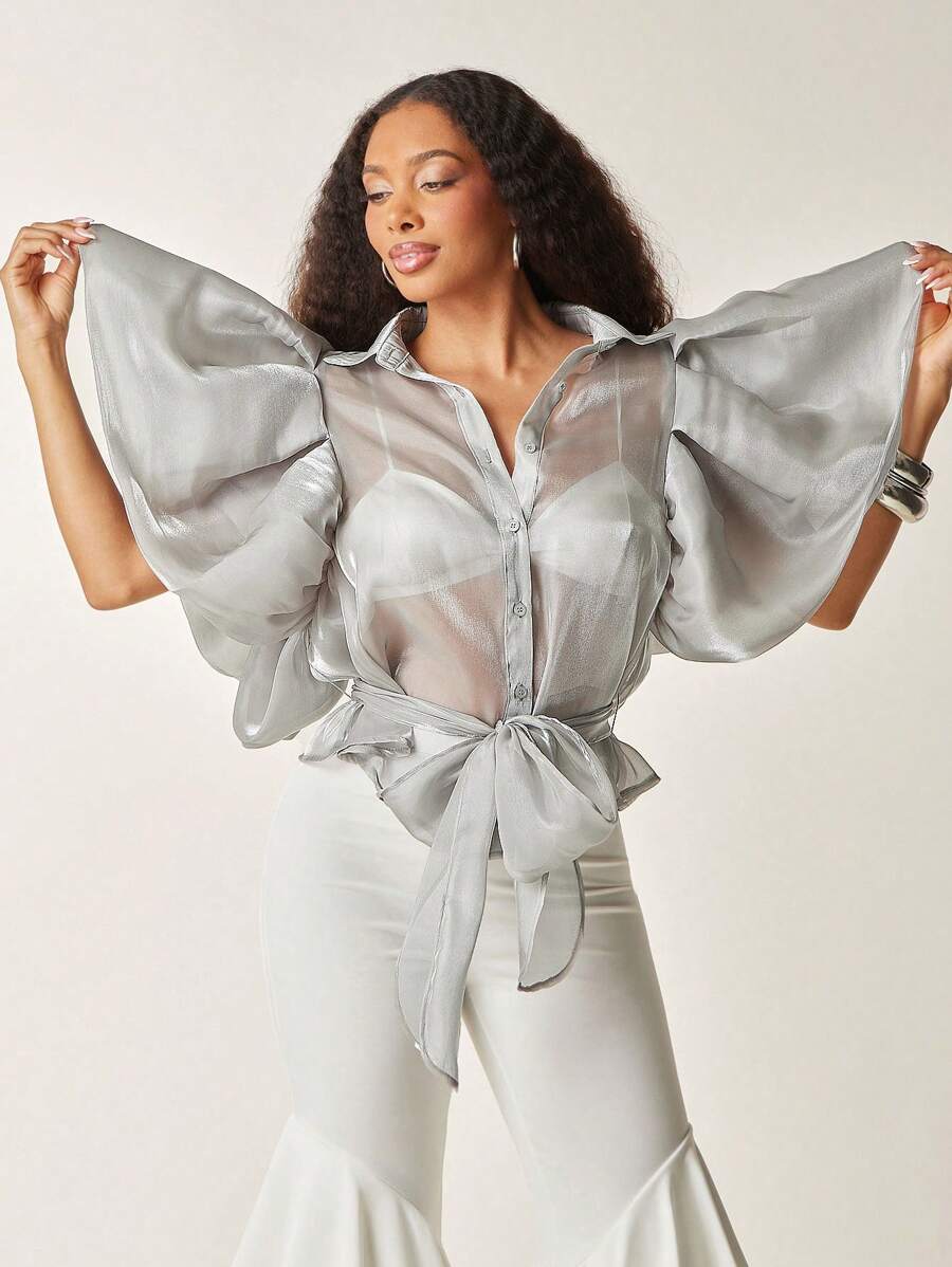 Vixey Áo voan cài nút tay bồng kèm thắt lưng, phong cách công sở, boho, mùa xuân, áo mùa hè dễ thương - Xám - Xem 1