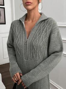 EURMUSE Women Solid Color Cable Knit Pattern Zipper Detailed Drop Shoulder Mini Sweater Dress,Petite - Grey - View 3