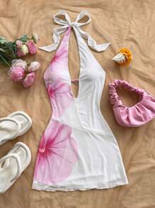 Soleia Vestido mini ajustado con estampado floral de strass falso, escote en V profundo, apropiado para vacaciones, atuendo de verano, estilo bohemio, crochet, lino