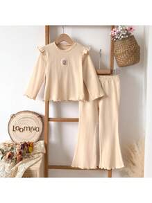 Loomiva Set de 2 piezas: Blusa de manga larga con cuello redondo y volantes con estampado de tulipanes de punto suave y pantalón de cintura elástica para niñas, en beige/albaricoque - Caqui - Ver 7