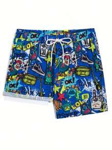 Surfspeed Short de playa con bolsillos y cordón en la cintura, con estampado de letras, adecuado para vacaciones - Azul - Ver 7