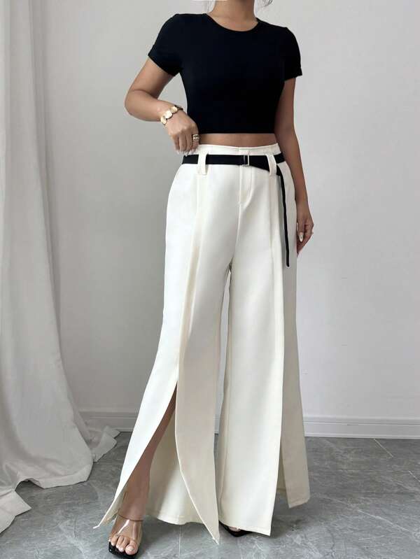 Elenzga Women's Casual Wide Leg Pants With Slit Design, Belted Waist, For Indoor, Outdoor, And Loungewear