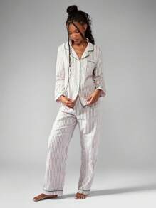 MISSGUIDED 条纹睡衣套装长袖纽扣衬衫阔腿裤睡衣家居服睡衣冬季节日礼物 - 彩色 - 查看 4