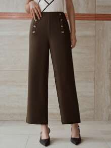 MOTF PREMIUM PANTALONES CON BOLSILLOS EN ÁNGULO Y DETALLES DE BOTÓN - Marrón Mocha - Ver 6