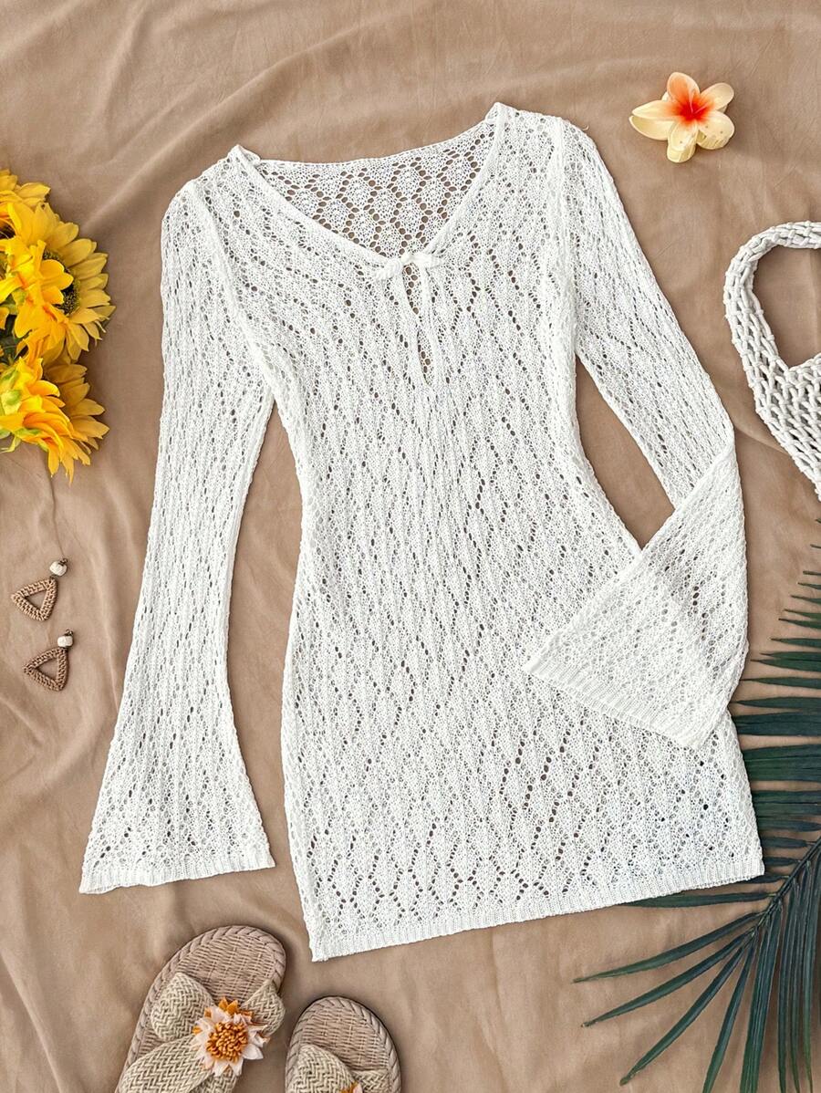 SHEIN TEENGIRL White Hollow V-Neck Beach Vacation Coverup, Versatile Resort Piece White Knit Top White Crochet Top Cover Ups For Swimwear Swimsuit Cover Up Beach Cover Up