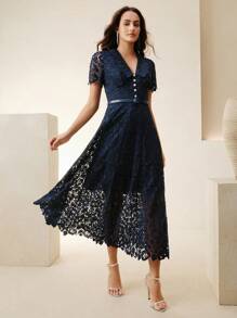 Anewsta 女式V领束腰优雅修身水溶蕾丝中长连衣裙