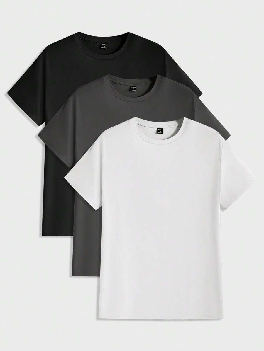 AKNOTIC paquete de 3 camisetas de manga corta con cuello redondo de unicolor casuales para hombre, de verano - Negro - Ver 1