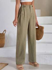 EURMUSE Women Front Two Sided Button Detailed Linen Pants - Green - View 5