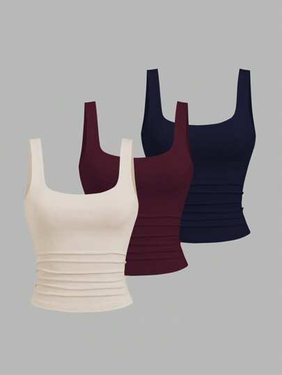 Sweetra Women Casual Square Neck Pleated Camisole, Summer