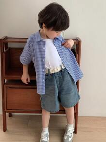 DAZY 小男孩格子短袖单排扣口袋休闲衬衫，夏季 - 藍色 - 查看 5