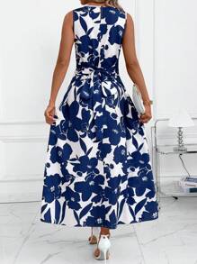 SHEIN Clasi 女式花卉印花无袖 A 字休闲纯色抽绳腰中长连衣裙