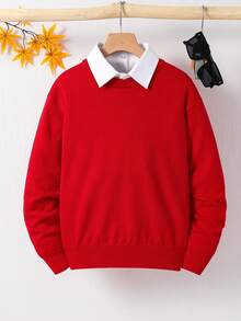 SHEIN Tween Boys' Casual Crewneck Pullover Sweater, Comfortable For Commuting, School, Casual, Sports Wear, Red Sweater Kids, Boys Preppy Sweater Kids Red Sweater  For Christmas Sweater For Boys Boys Outfit Sets Red Fall Winter