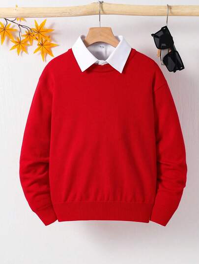 SHEIN Suéter informal de cuello redondo para niño preadolescente, cómodo para ir al trabajo, ir a la escuela, ropa deportiva, suéter rojo, suéter preppy, suéter rojo para Navidad, suéter para otoño e invierno.
