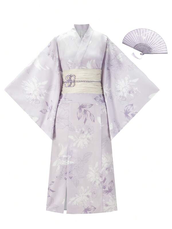 Irokai Traditional Japanese Floral Print Yukata Kimono 2 Piece Set, For Summer Festival Japanese Women's Traditional Floral Print Purple Yukata Bowknot Yukata (Modified Japan Style Kimono Robe), Easy Wearing