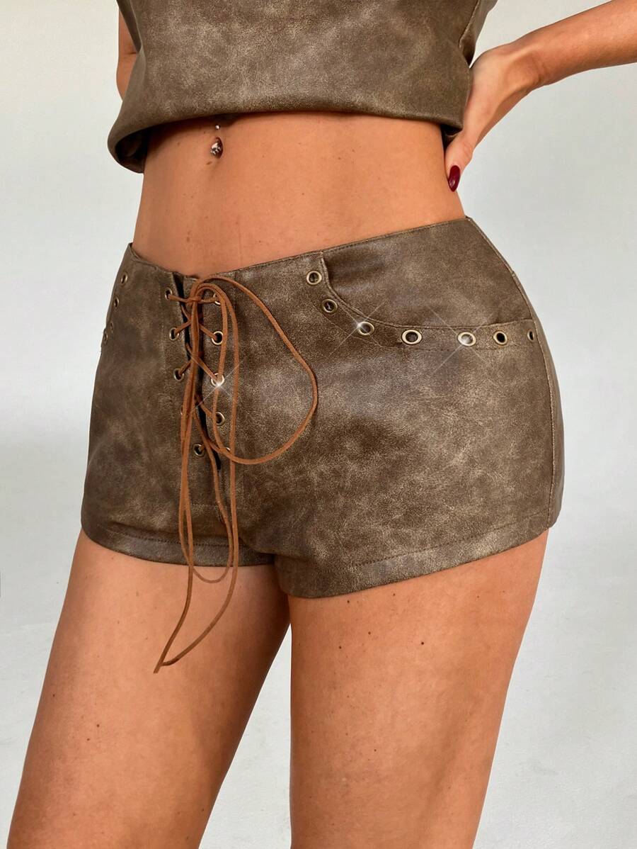 Aloruh Women's Y2K Sexy Retro Patterned PU Leather Low-Rise Mini Shorts, Women's Shorts, Summer Shorts - Brown - View 1