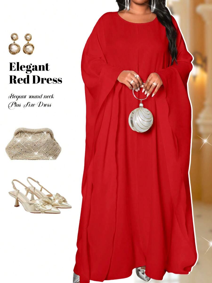 SHEIN Lady Vestido elegante de talla grande de manga larga tipo midi con cuello en V tejido, en negro, en colores de primavera, verano, otoño e invierno, para fiesta de San Valentín, Año Nuevo, boda, vacaciones, con falda esponjosa, vestido de hada - Rojo - Ver 1