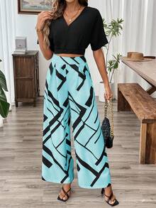 Rafferiza 2pcs Set: Cropped Solid Color Cardigan With Plaid Print Pleated Straight Leg Casual Pants, Commute Style