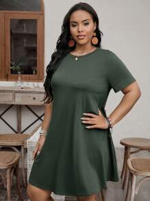 SHEIN LUNE Đầm thun trơn cổ tròn tay ngắn mùa hè cho nữ cỡ lớn - Màu xanh Ô liu - Xem 4