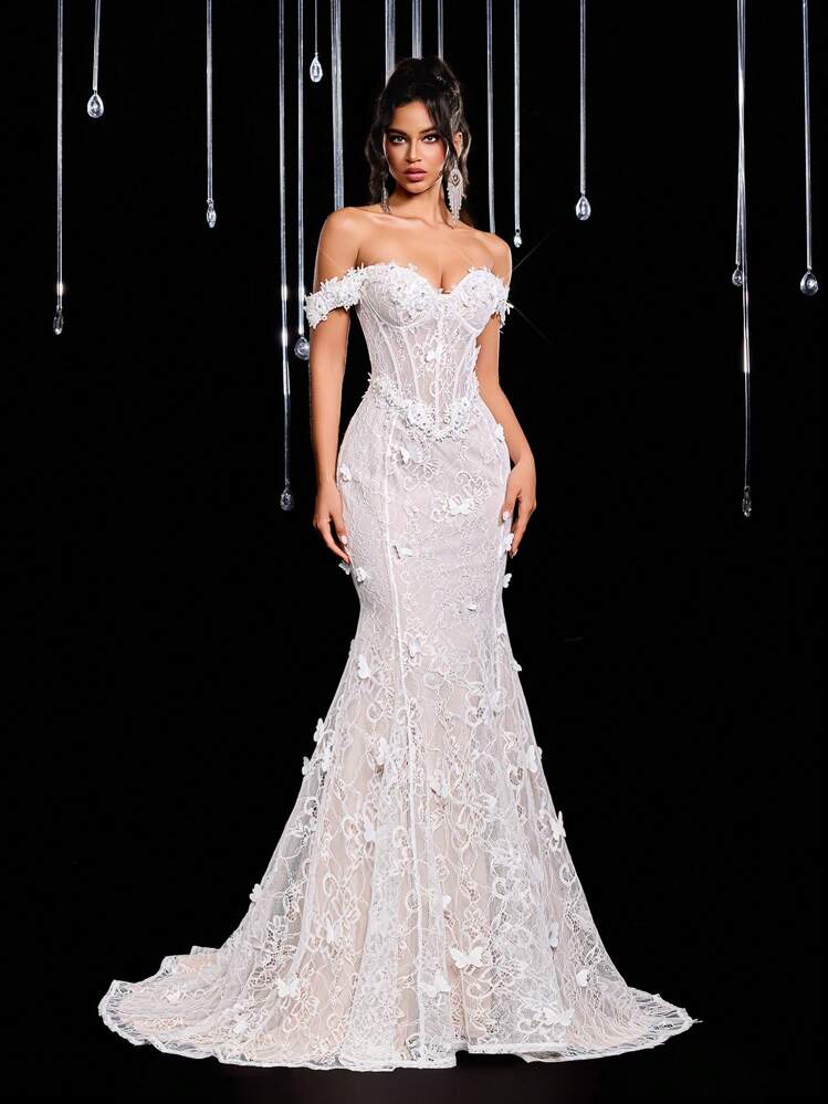 Glamrae Jupe oversize élégante en maille blanche élastique avec appliqué nœud papillon 3D, épaules dénudées, taille transparente et garniture en arête de poisson. Avec des bretelles réglables, convient pour le mariage, la fête, le bal de promo, la robe de mariée