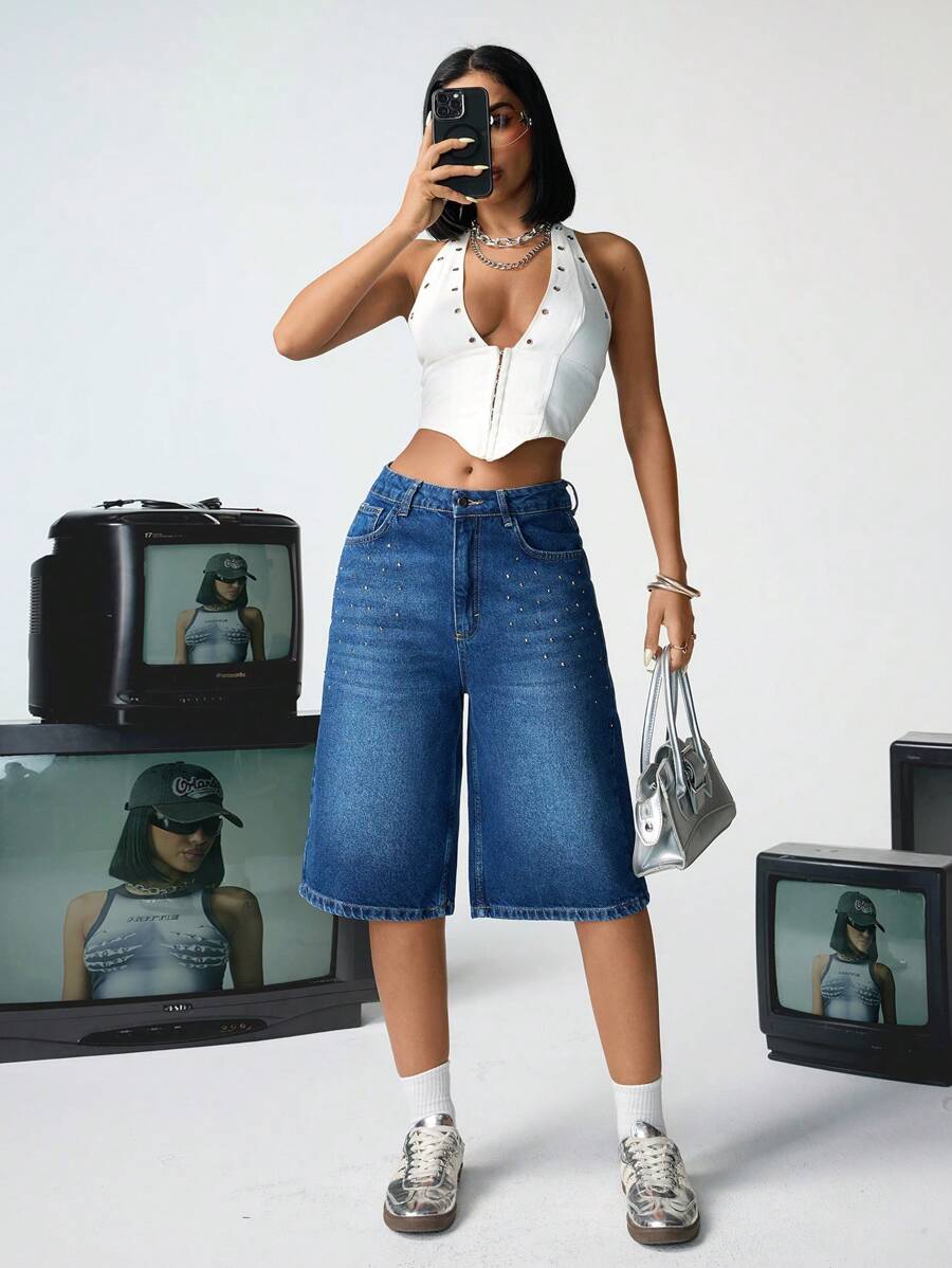 低腰铆钉牛仔都市短裤 - 中等水洗藍 - 查看 1