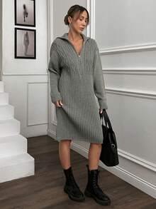 EURMUSE Women Solid Color Cable Knit Pattern Zipper Detailed Drop Shoulder Mini Sweater Dress,Petite - Grey - View 2