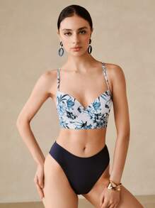 Swim Oasis V-Neck Blue Floral Print Halter Backless Bikiniseta With Kimonos, High-End Summer Beach Outfit For Women - Multicolor - View 6