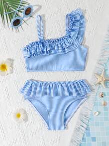 Ensemble de bikini 2 pièces pour jeune fille, ensemble de bikini triangle à volants asymétrique à bretelles réglables rayé bleu et blanc, maillot de bain