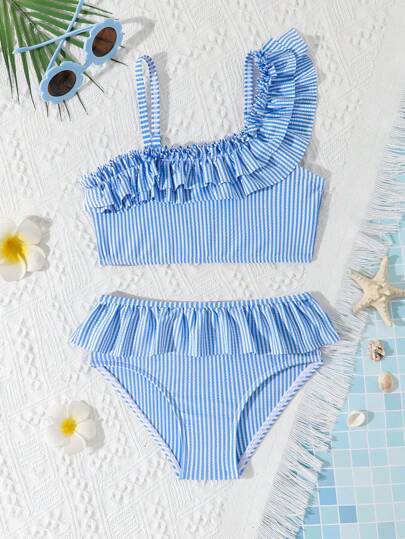 Bộ đồ bơi bikini 2 mảnh cho bé gái, sọc xanh trắng dễ thương, không đối xứng, dây đeo vai có thể điều chỉnh, đồ bơi