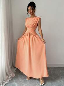 Selianne Vestido longo feminino elegante, simples, de alta qualidade, cor sólida, sem mangas, vintage, com cintura vazada, torcido, plissado, linha A, adequado para escritório, deslocamento, praia, férias, festival de música, primavera/verão