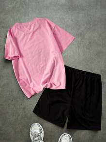 2pcs Tween Boys Casual Stylish Cartoon Character & Slogan Print Short Sleeve T-Shirt & Shorts Set, Suitable For Summer
