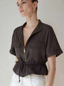 Aveloria Modichic Áo sơ mi ngắn tiện dụng thời trang, có hai túi ngực đối xứng, thiết kế thắt eo, kiểu dáng đẹp và tiện dụng - Màu xám đen - Xem 5