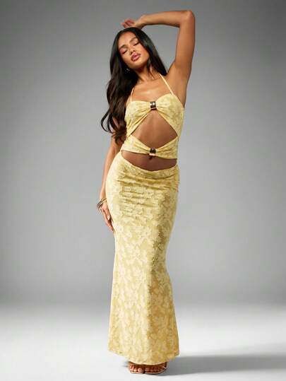 maxi dress with gold hardware Casino Gold Hardware Ribbed Maxi Dress Butter M main image 0