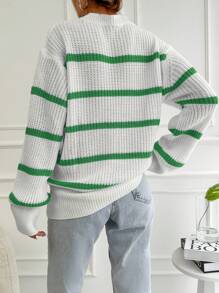 EURMUSE Striped Pattern Drop Shoulder Sweater - Green - View 2