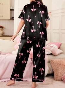 大码女式心形与蝴蝶结印花开襟上衣和裤子睡衣套装