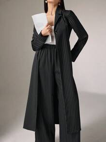 Heiryn 2 件套女士休闲条纹长外套和裤子套装，适合秋季 2 件套 - 黑色 - 查看 4