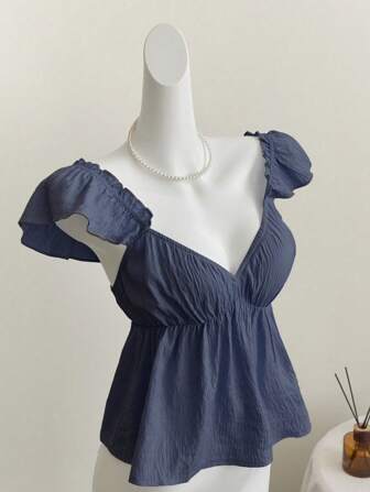 Elamini Blue Sweet Maid Style Ruffled Trim, Sexy Low Back Spaghetti Strap Crop Top
